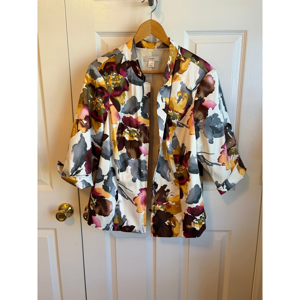CJ Banks Floral Watercolor Open Front Blazer Jacket 1X Multicolor 3/4 Sleeve